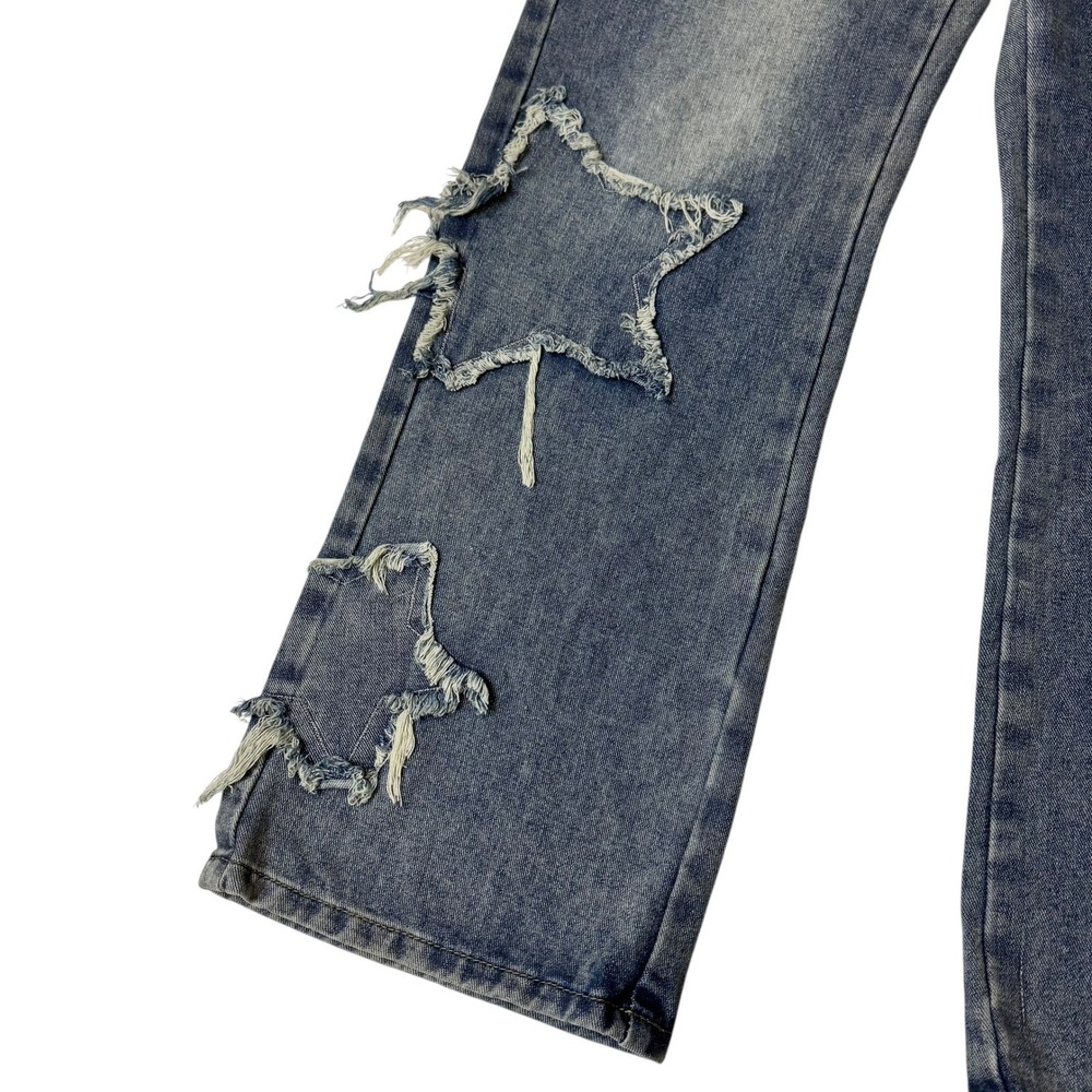 ROMWE Women Blue‎ Denim Star Cutout Ripped Jeans Wide Leg Y2K GRUNGE Whimsy Goth - Picture 3 of 10